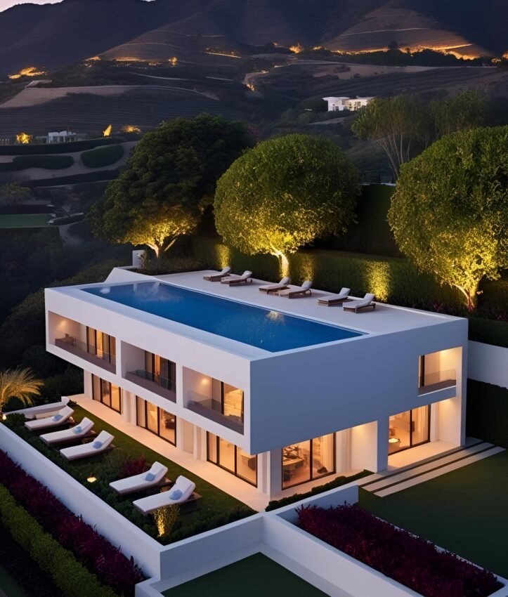 Luxury villa resort exterior, garden view, elegant design in hilly region (1)
