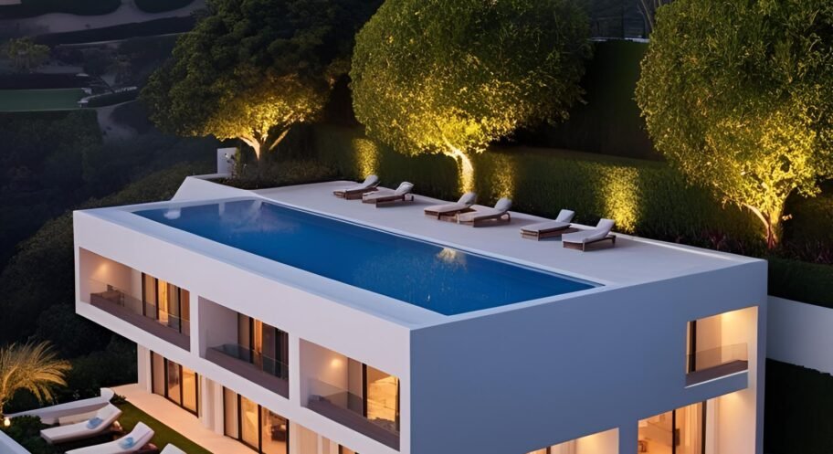 Luxury villa resort exterior, garden view, elegant design in hilly region (1)