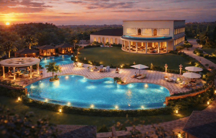 Sunset at a resort oasis