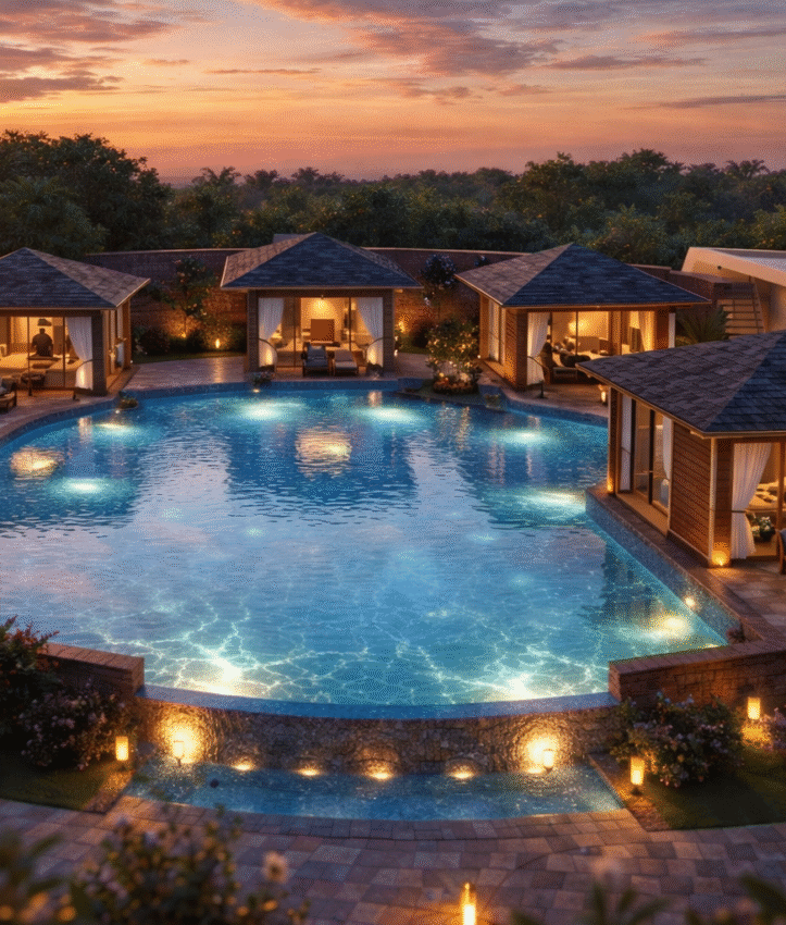 Sunset at luxury poolside villas
