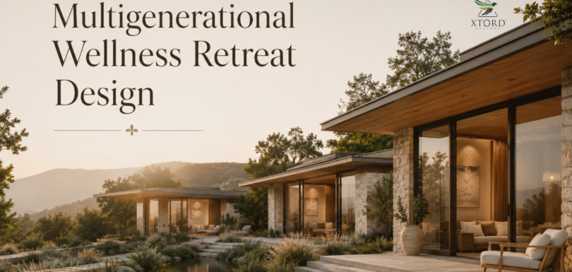 Modern multigenerational wellness retreat villa with spacious outdoor deck overlooking garden, designed for all ages in 2026