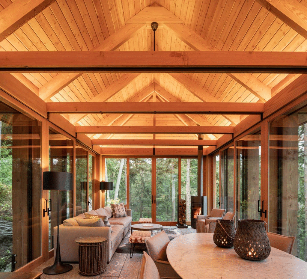 Reclaimed timber feature wall in luxury wellness resort using sustainable materials