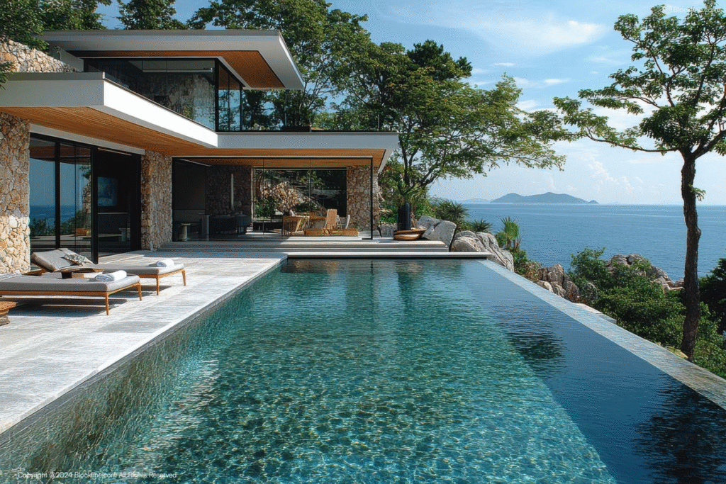 Aerial view of low-density wellness resort with private villas nestled in nature