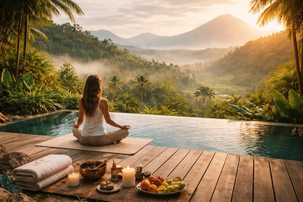Luxury private villa in low-density wellness resort with private deck and mountain views