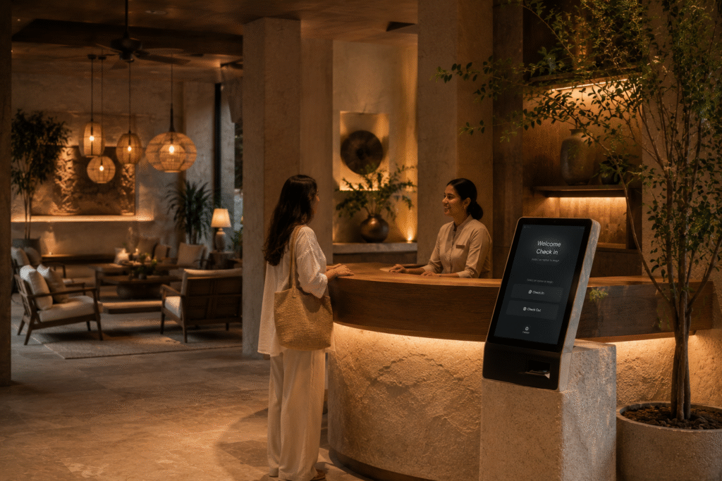 Seamless AI-assisted guest experience in luxury hotel lobby