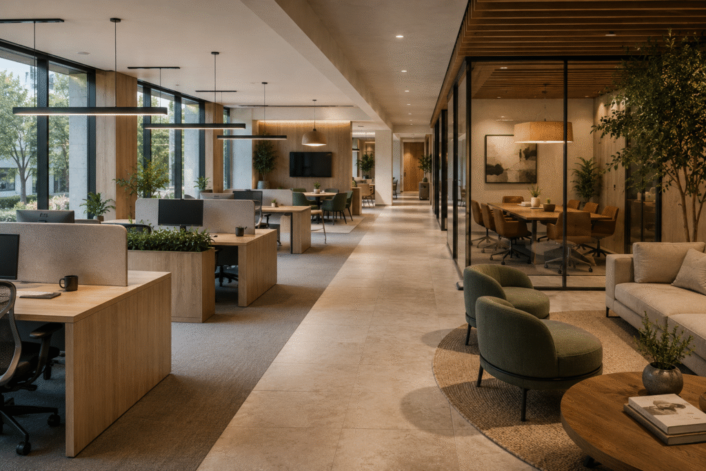 Alt Text: Clear spatial organisation in commercial interiors for productivity